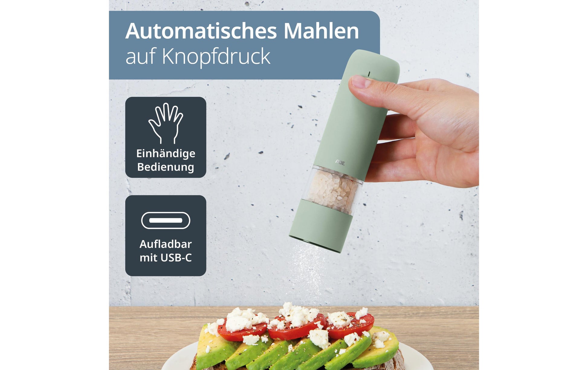 Ade Salz-/Pfeffermühle 13,9 cm, Edelstahl/Keramik, Salbeigrün