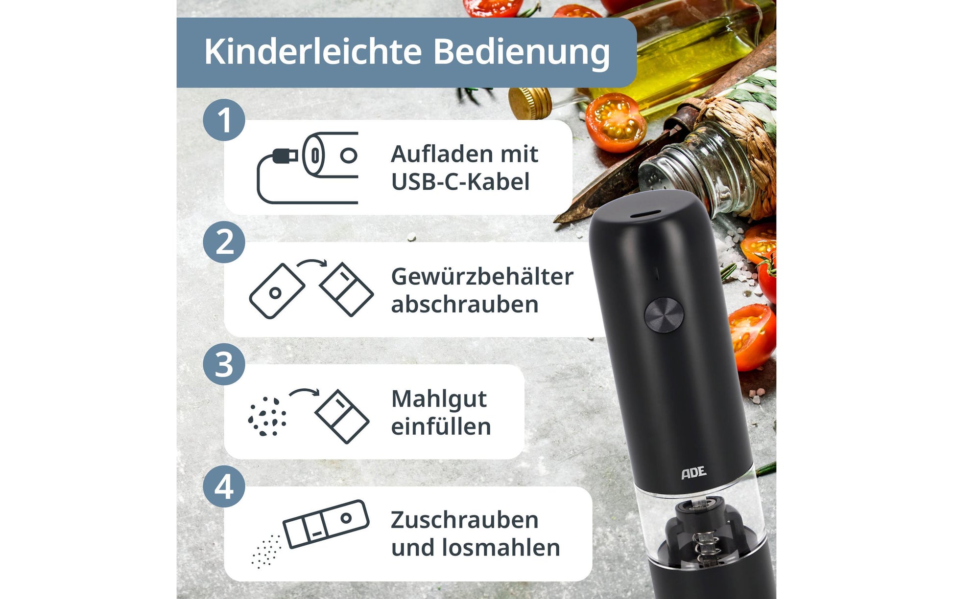 Ade Salz-/Pfeffermühle 13,9 cm, Edelstahl/Keramik, Anthrazit
