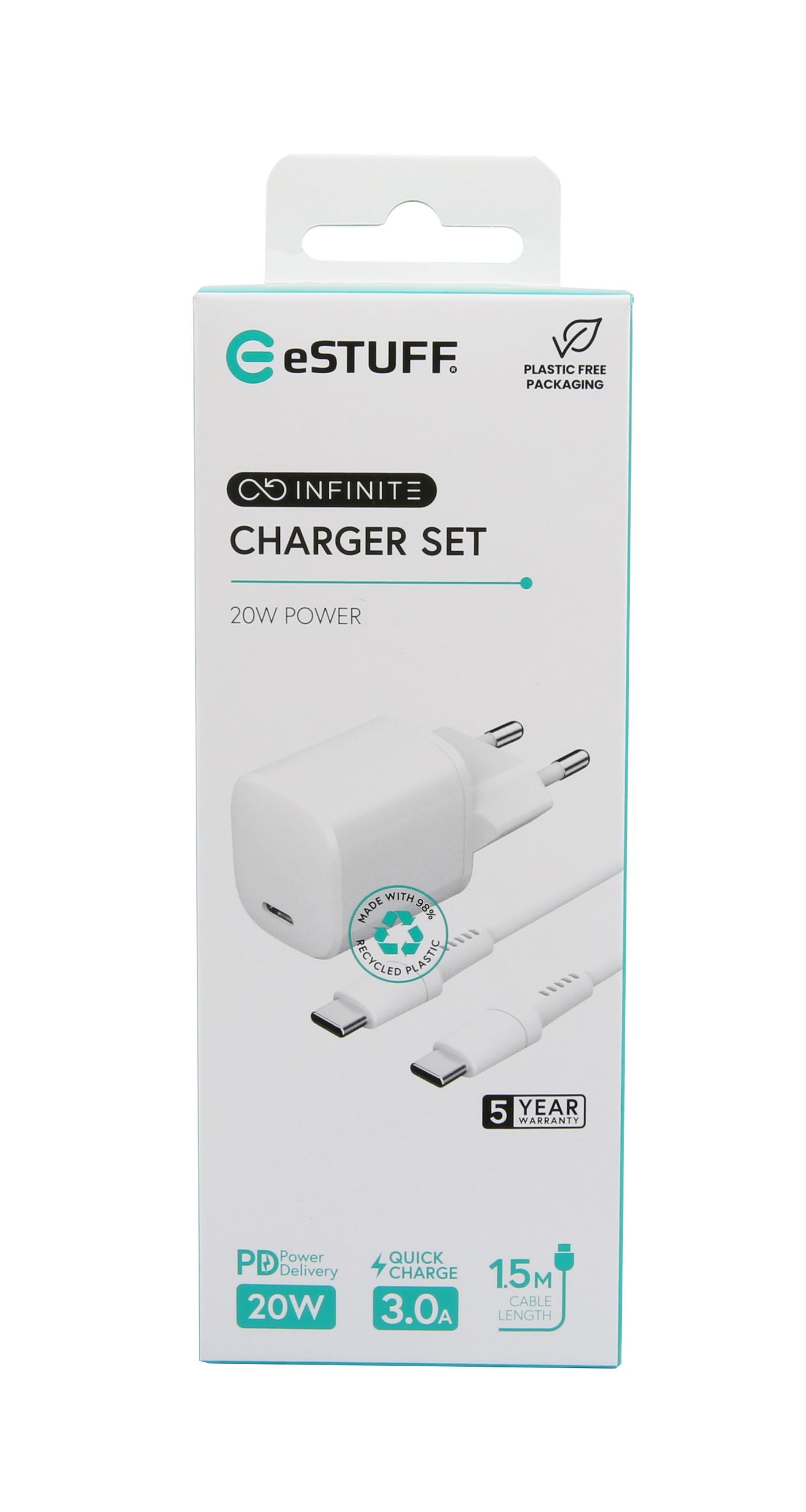 eSTUFF INFINITE Charger Kit USB-Ladegerät 20 W – USB-C×1, Lightning-Kabel 1,5 m – QC 3,0 – für iPhone – weiss