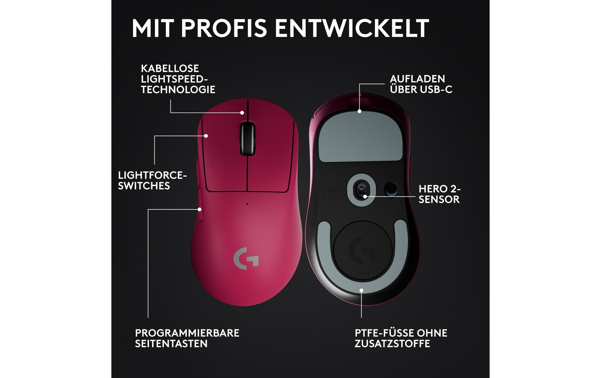 Logitech G PRO X SUPERLIGHT 2 DEX – Gaming-Maus – Kabellos (2,4 GHz), 44000 DPI, Rechts, Pink