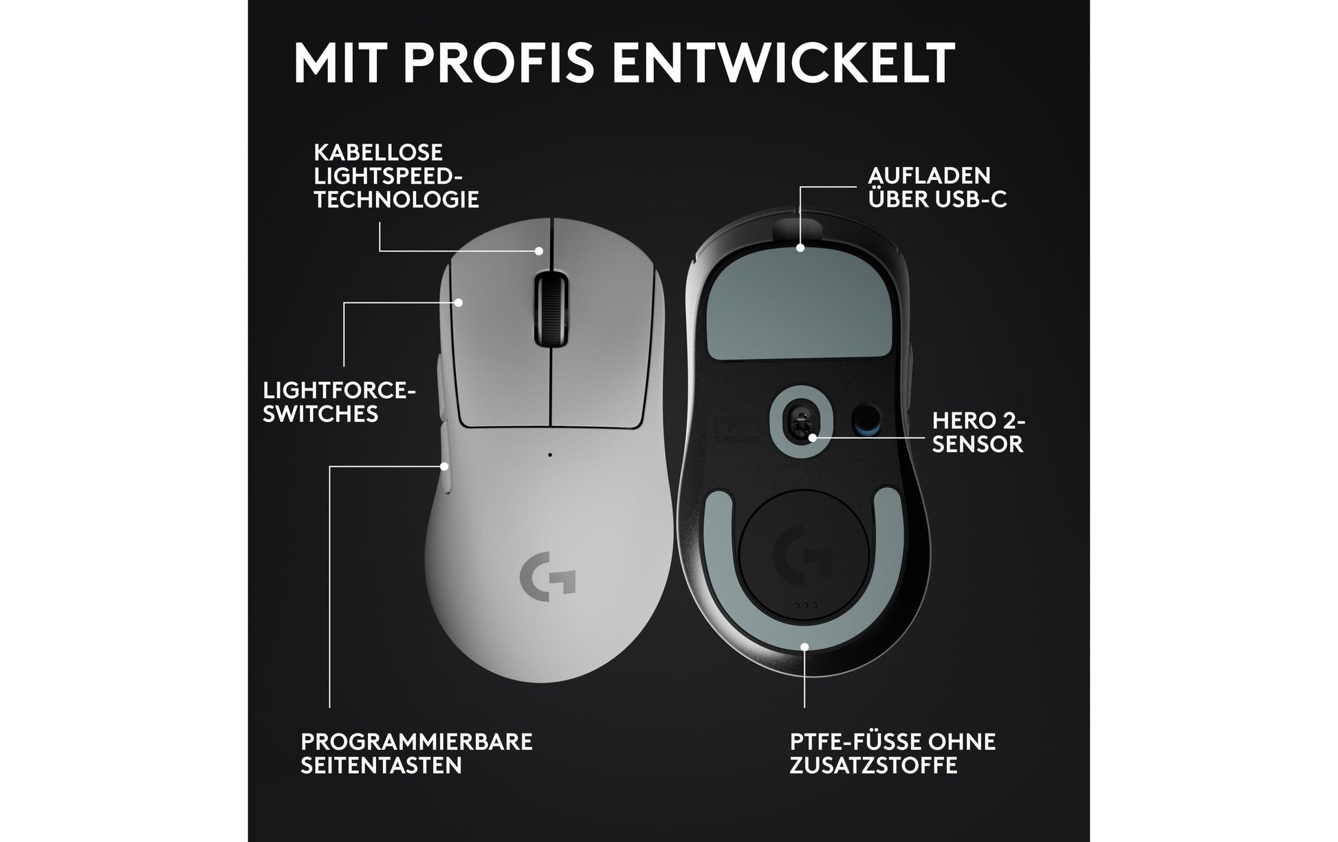 Logitech G PRO X SUPERLIGHT 2 DEX – Gaming-Maus – Kabellos (2,4 GHz), 44000 DPI, Rechts, Weiss