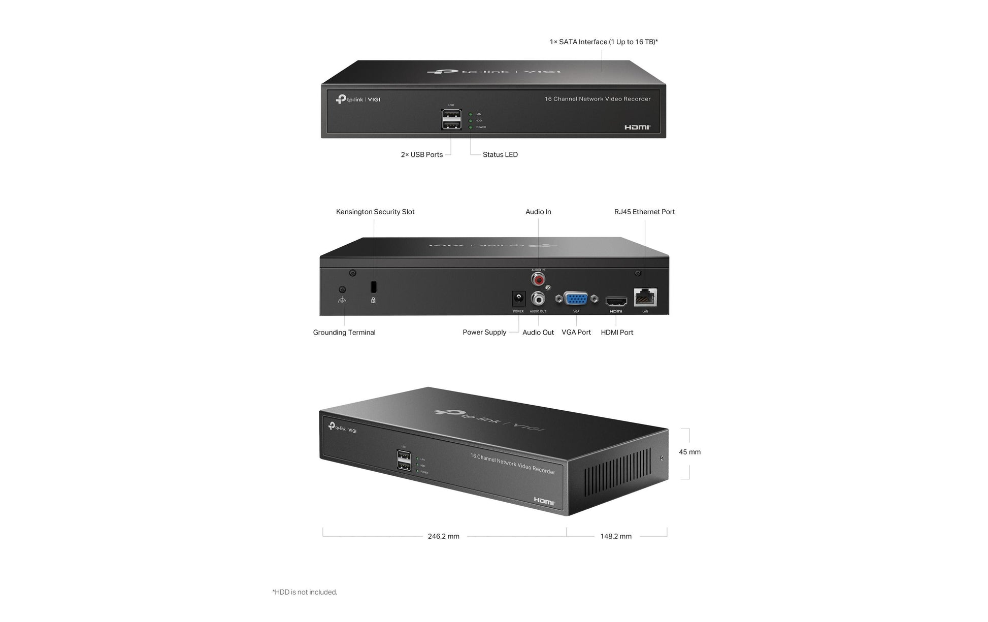 TP-Link VIGI NVR1016H Netzwerk-Video-Recorder – 16 Kanäle, 1080p, 10 TB, für ONVIF, schwarz