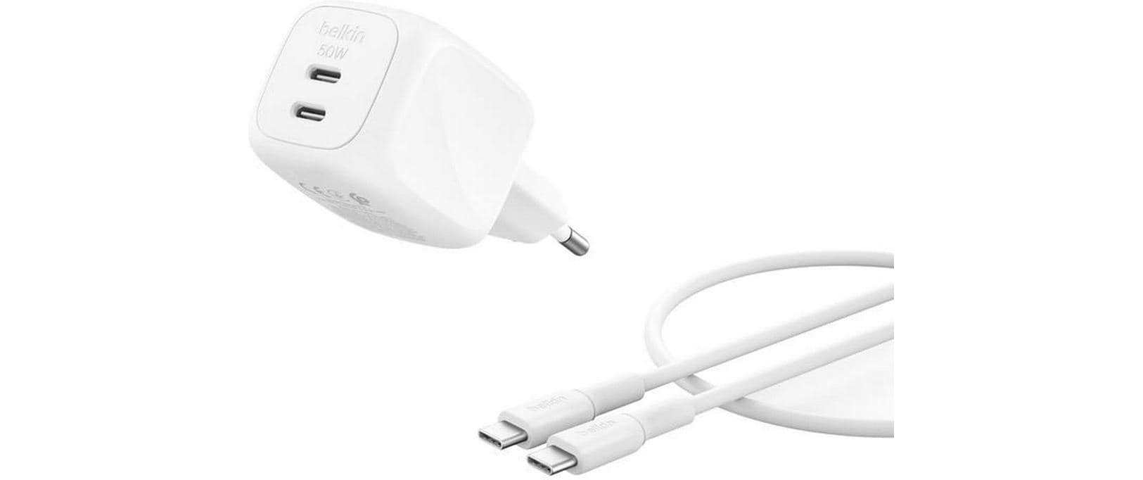 Belkin BOOSTCHARGE Ladegerät – 50 W, 2× USB-C, PD, PPS, mit 1 m Kabel