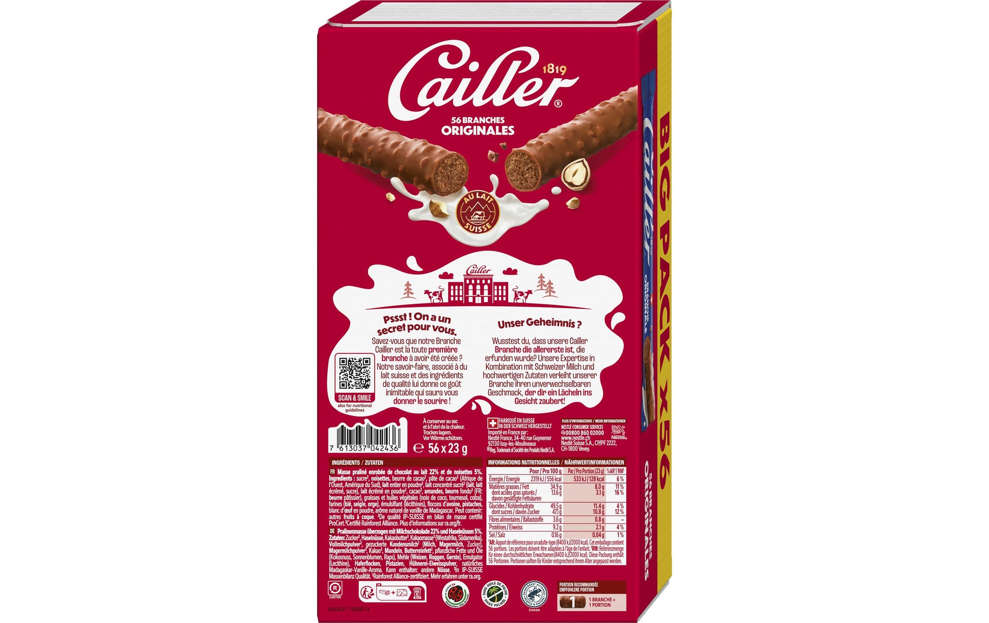 Cailler Branches – l'Originale, Milchschokolade – 56 × 23 g