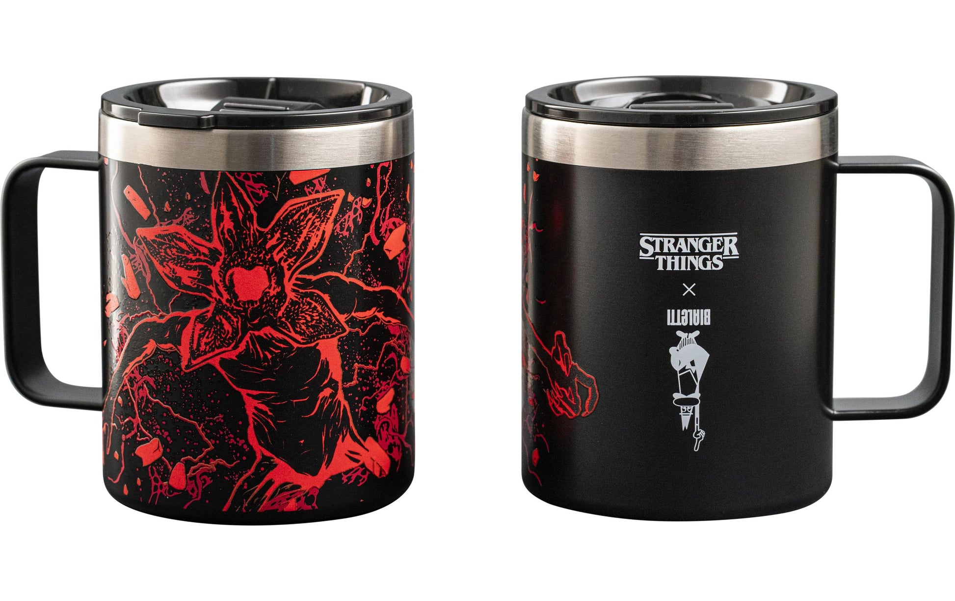 Bialetti Stranger Things Thermobecher 420 ml – doppelwandig, Edelstahl, mit Griff, schwarz/rot