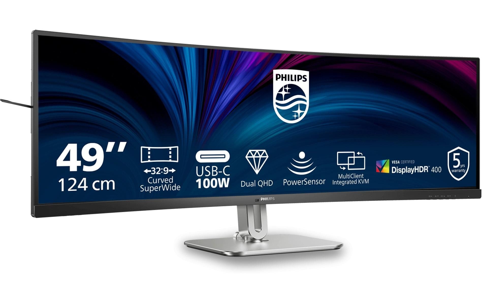 Philips 49B2U5900C/00 – Monitor, 48,8", 75 Hz, 450 cd/m², KVM, Gebogen, Lautsprecher, VESA 100 × 100, Schwarz