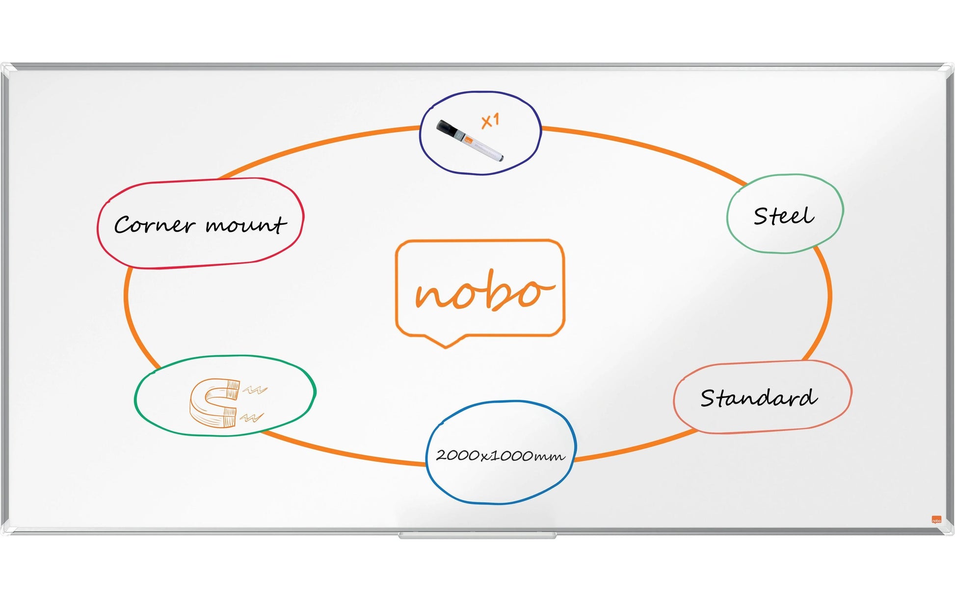 Nobo Whiteboard – 200 × 100 cm, lackierter Stahl, Alu-Rahmen, Wandmontage