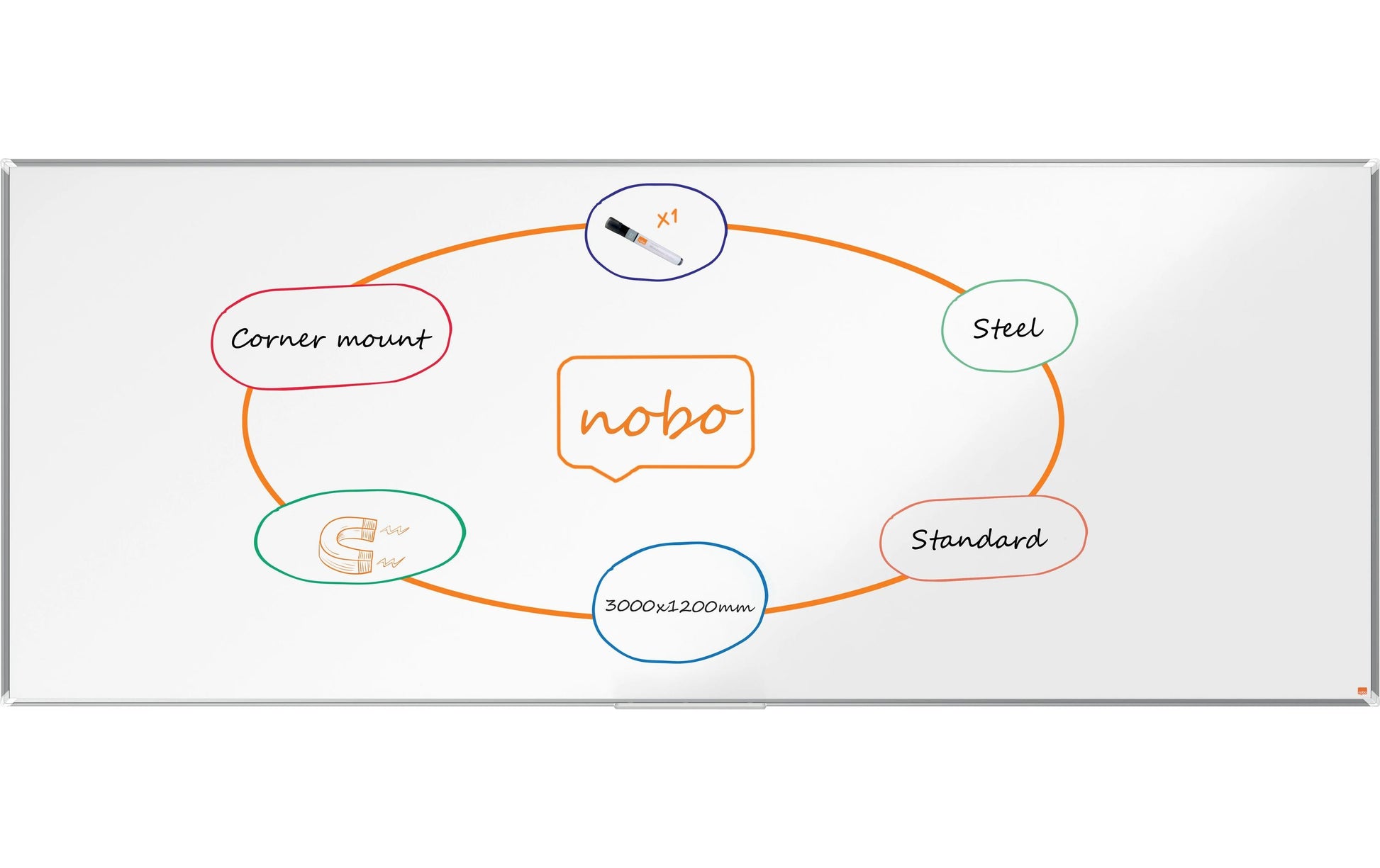 Nobo Whiteboard – 300 × 120 cm, lackierter Stahl, Aluminiumrahmen, Wandmontage