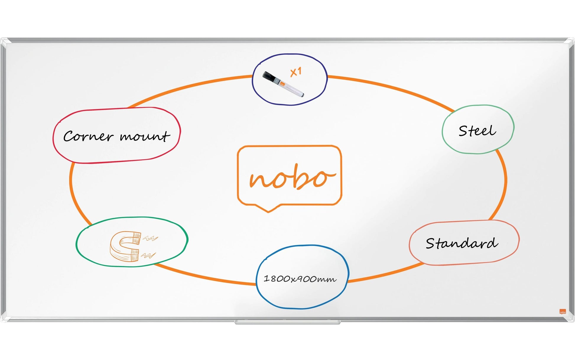 Nobo Whiteboard – 180 × 90 cm, lackierter Stahl, magnetisch, Aluminiumrahmen, Wandmontage