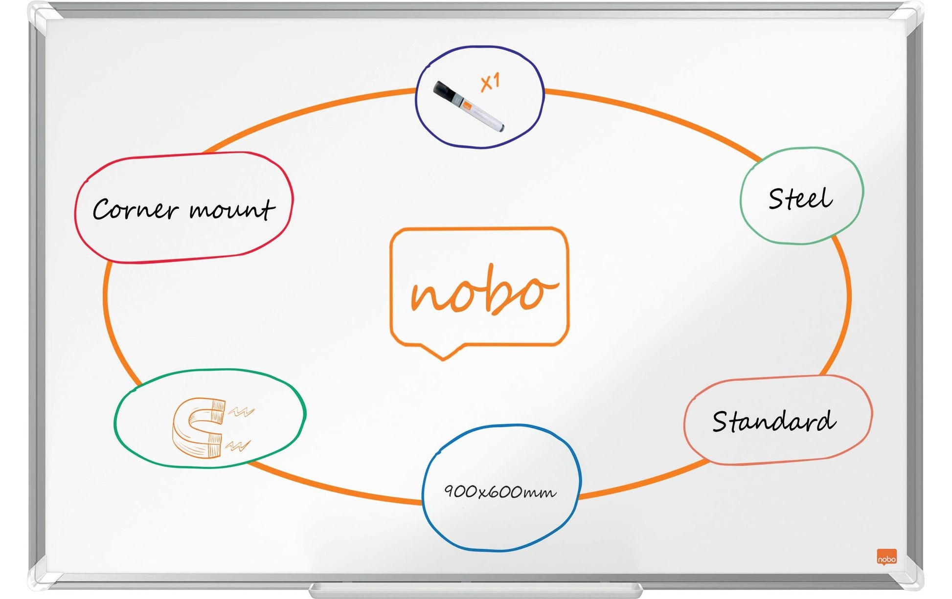 Nobo Whiteboard – 90 × 60 cm, lackierter Stahl, magnetisch, Aluminiumrahmen, Wandmontage