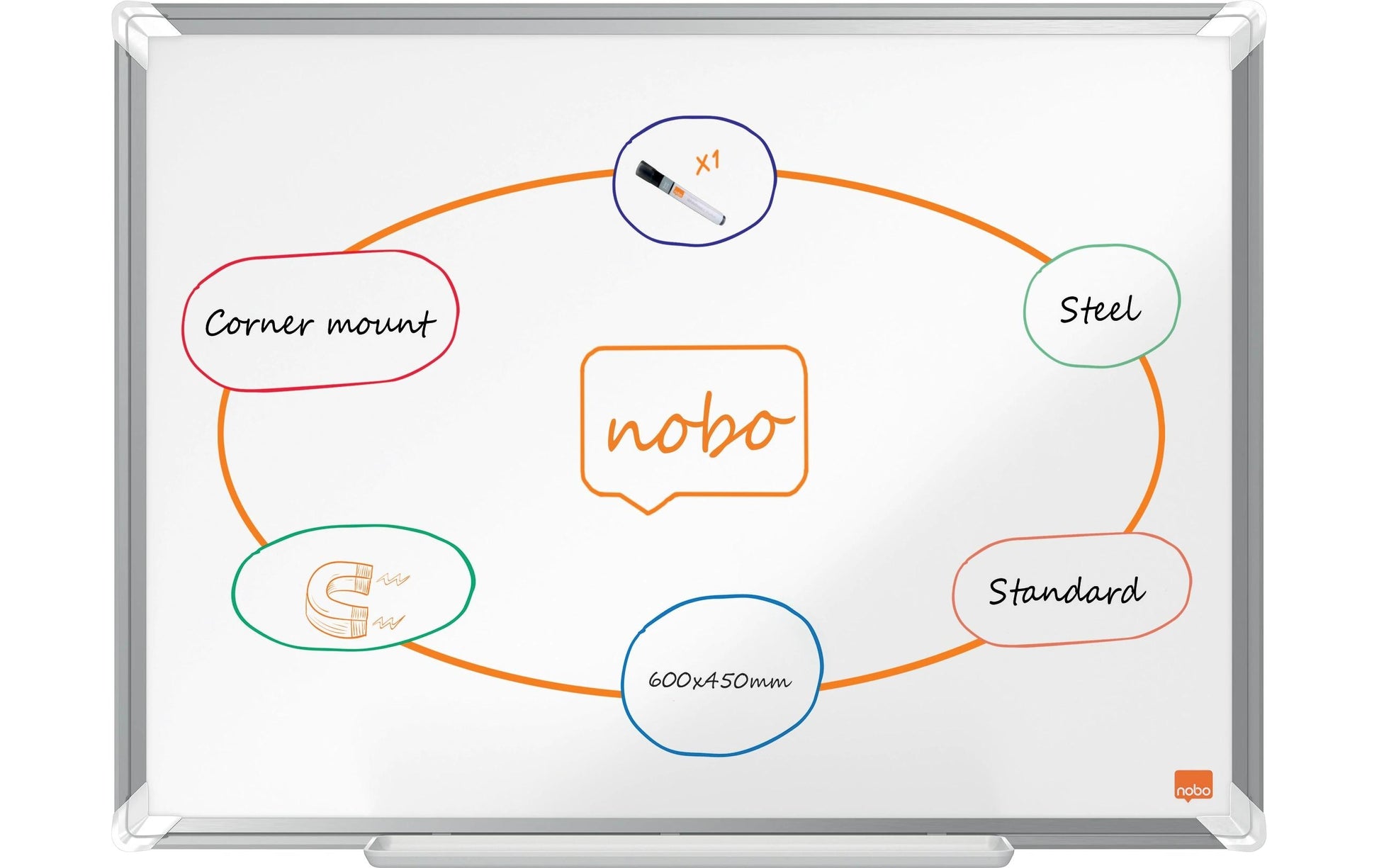 Nobo Whiteboard – 60 × 45 cm, lackierter Stahl, magnetisch, Aluminiumrahmen, Wandmontage