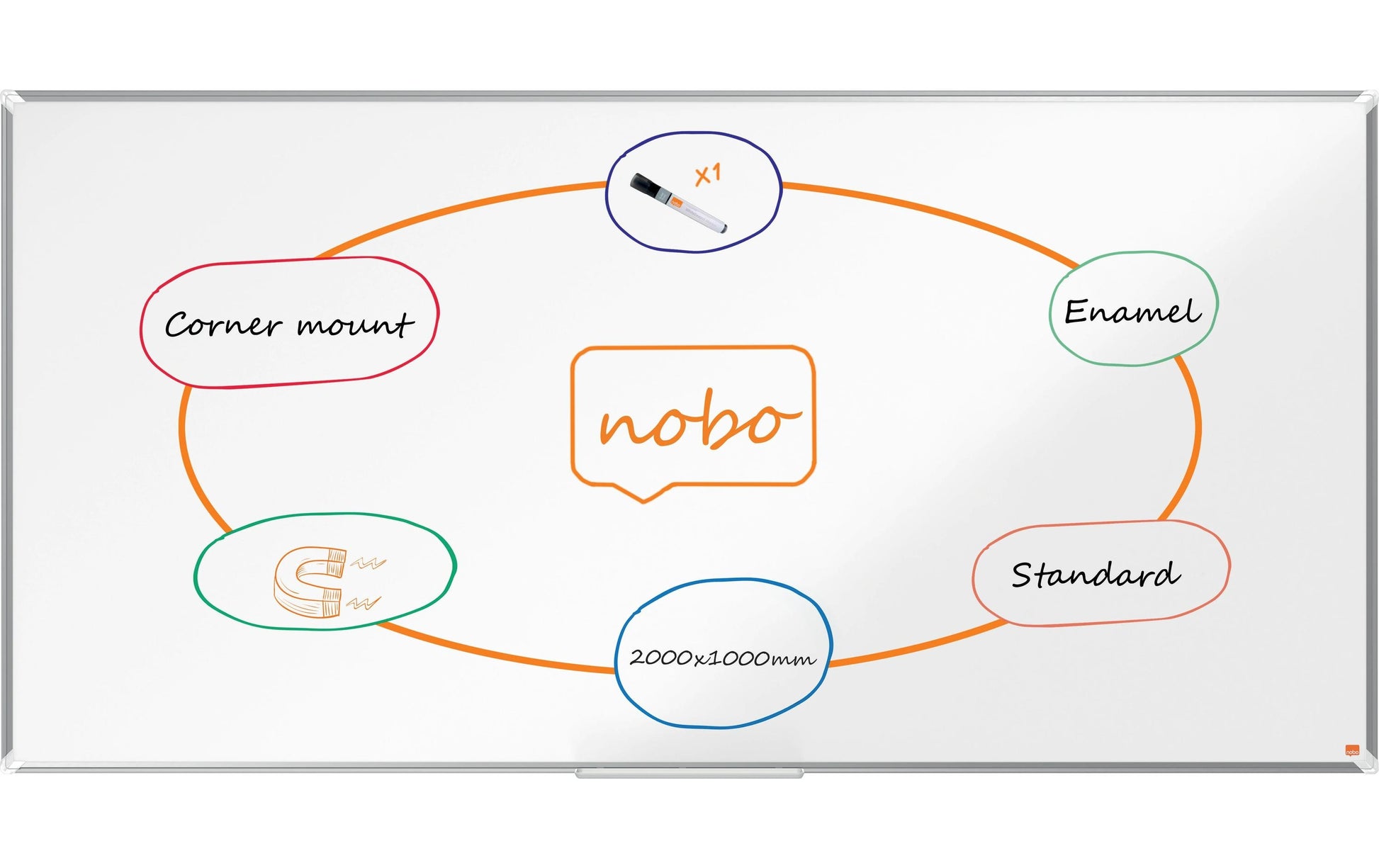 Nobo Whiteboard – 200 × 100 cm, Emaille, Aluminiumrahmen, Wandmontage, inkl. Stiftablage