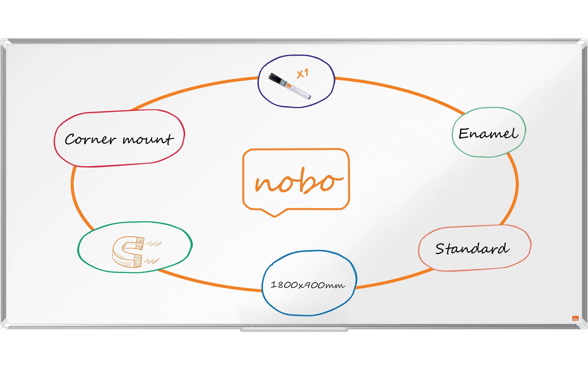 Nobo Whiteboard – 180 × 90 cm, Emaille, Aluminiumrahmen, Wandmontage, inkl. Stiftablage