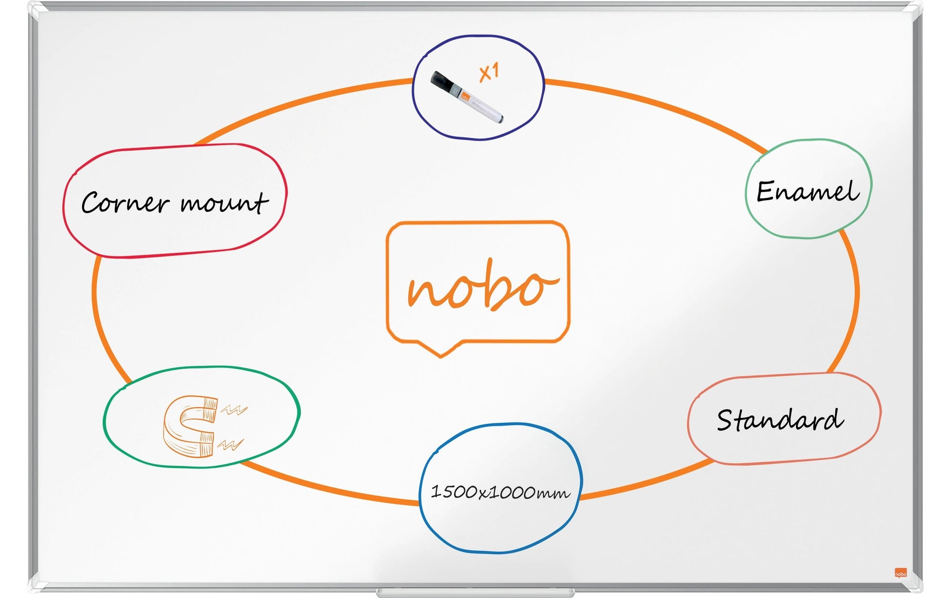 Nobo Whiteboard – 150 × 100 cm, Emaille, magnetisch, Aluminiumrahmen, Wandmontage, inkl. Stifteablage
