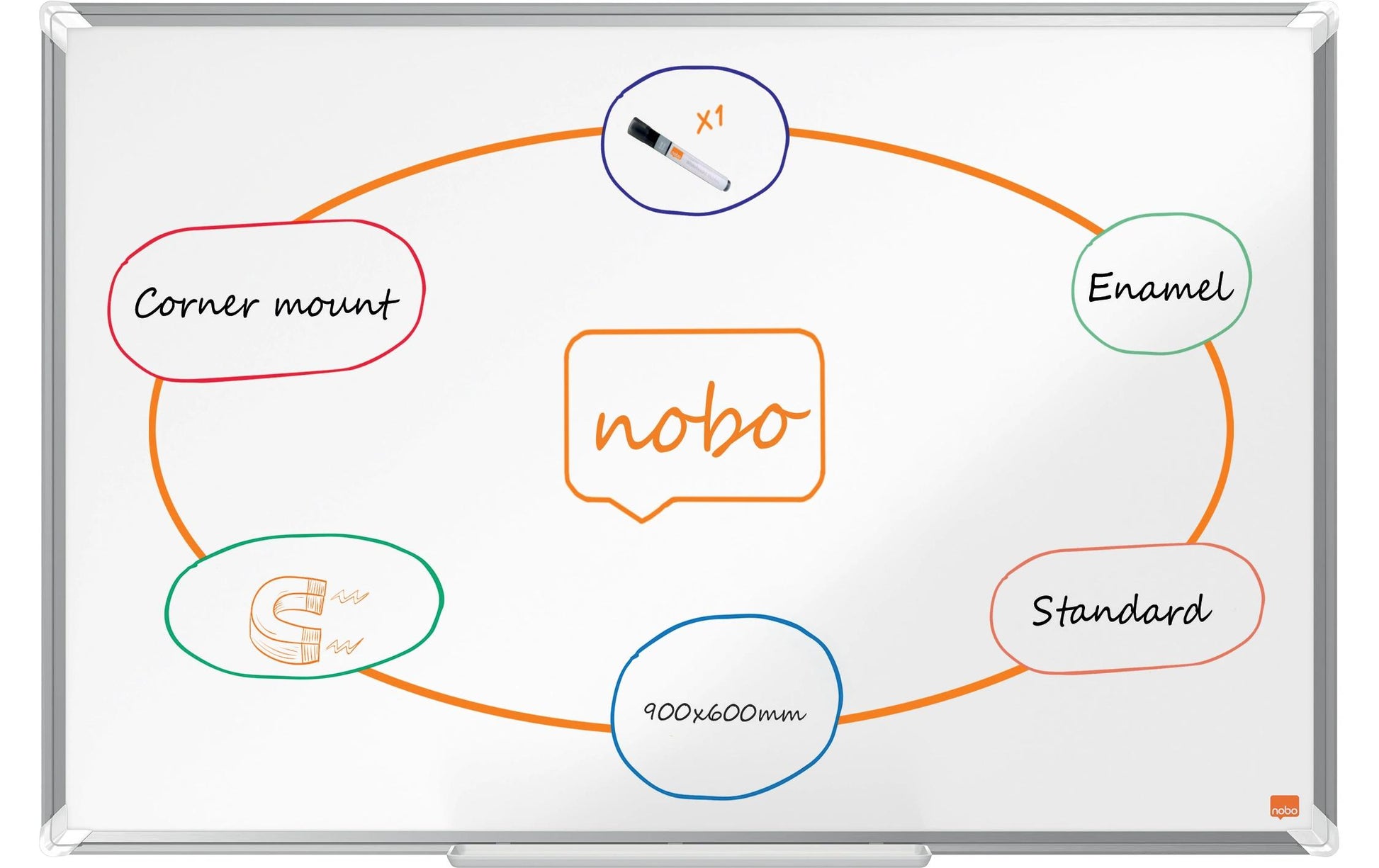 Nobo Whiteboard – 90 × 60 cm, Emaille, magnetisch, Aluminiumrahmen, Wandmontage, inkl. Stifteablage