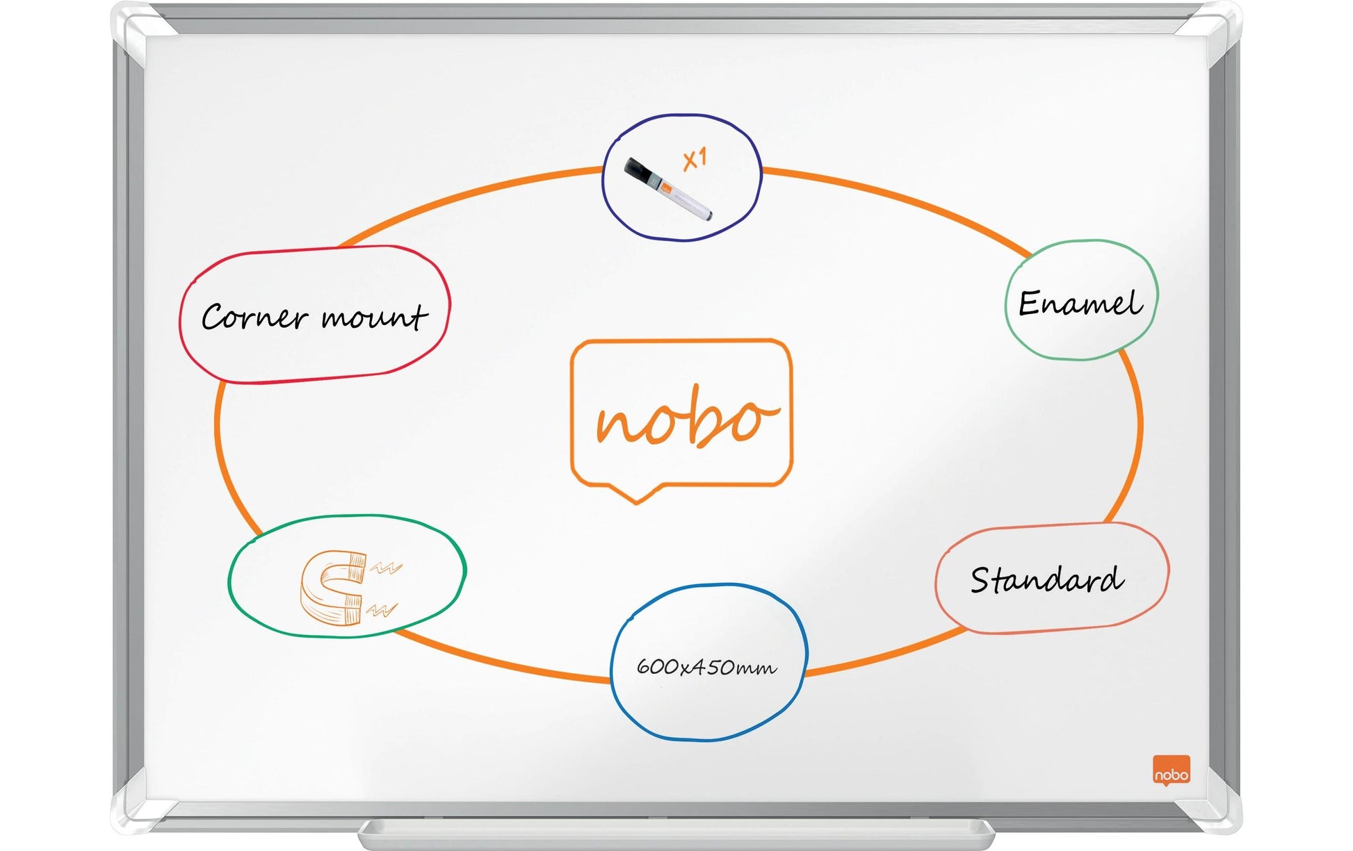 Nobo Whiteboard – 60 × 45 cm, Emaille, magnetisch, Aluminiumrahmen, Wandmontage, inkl. Stifteablage