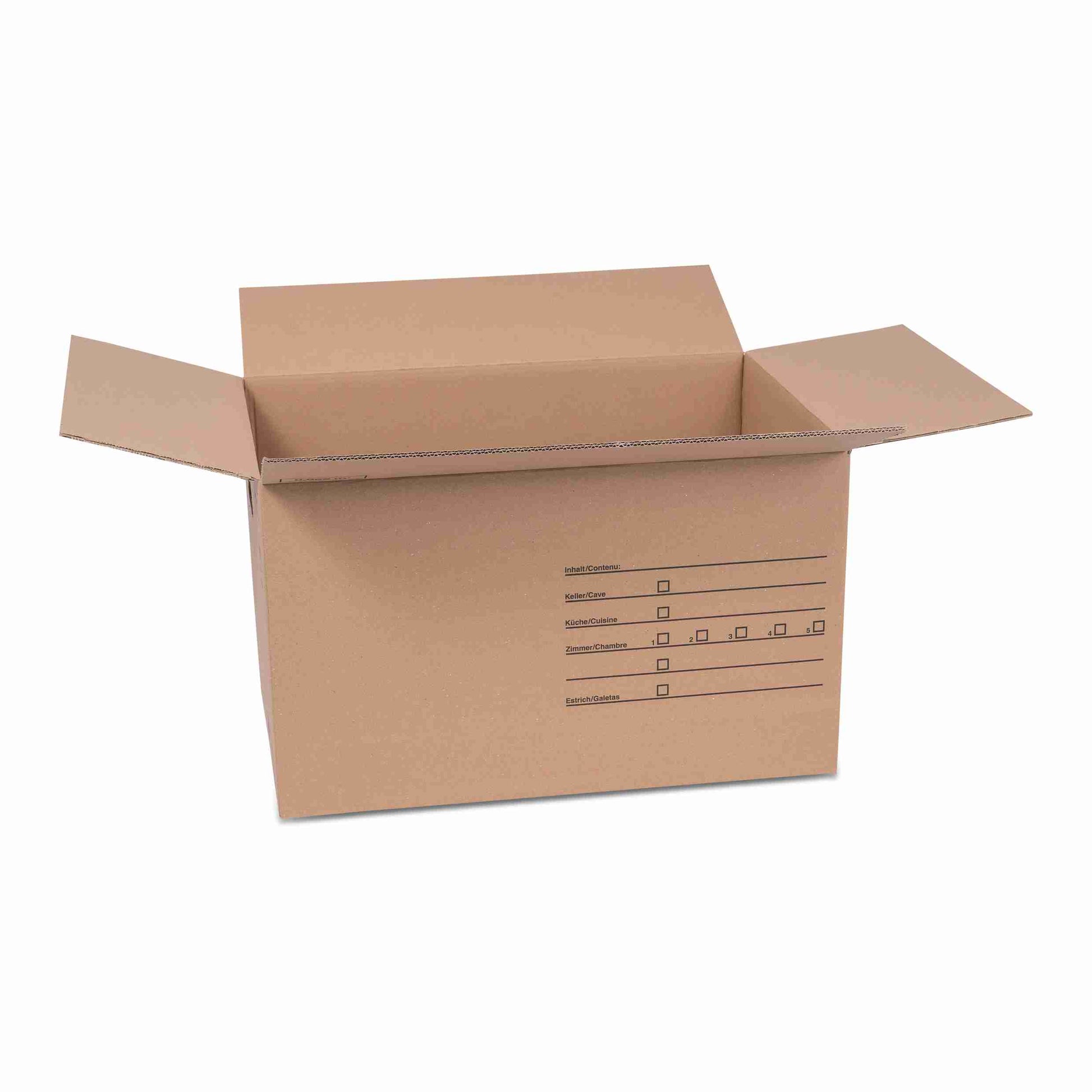 Model Versandverpackung – 594 × 394 × 350 mm, braun, Wellkarton, Grifflöcher, Formularfelder, selbstklebend – 1 Stk., ab 20 Stk.