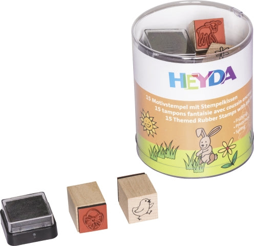 HEYDA Stempel-Set – Frühling – 15 Stempel, 1 schwarzes Stempelkissen – Holz – Stempel 15 × 15 mm