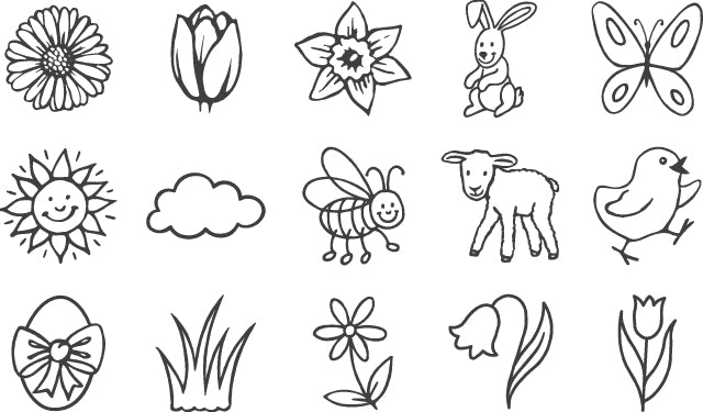 HEYDA Stempel-Set – Frühling – 15 Stempel, 1 schwarzes Stempelkissen – Holz – Stempel 15 × 15 mm