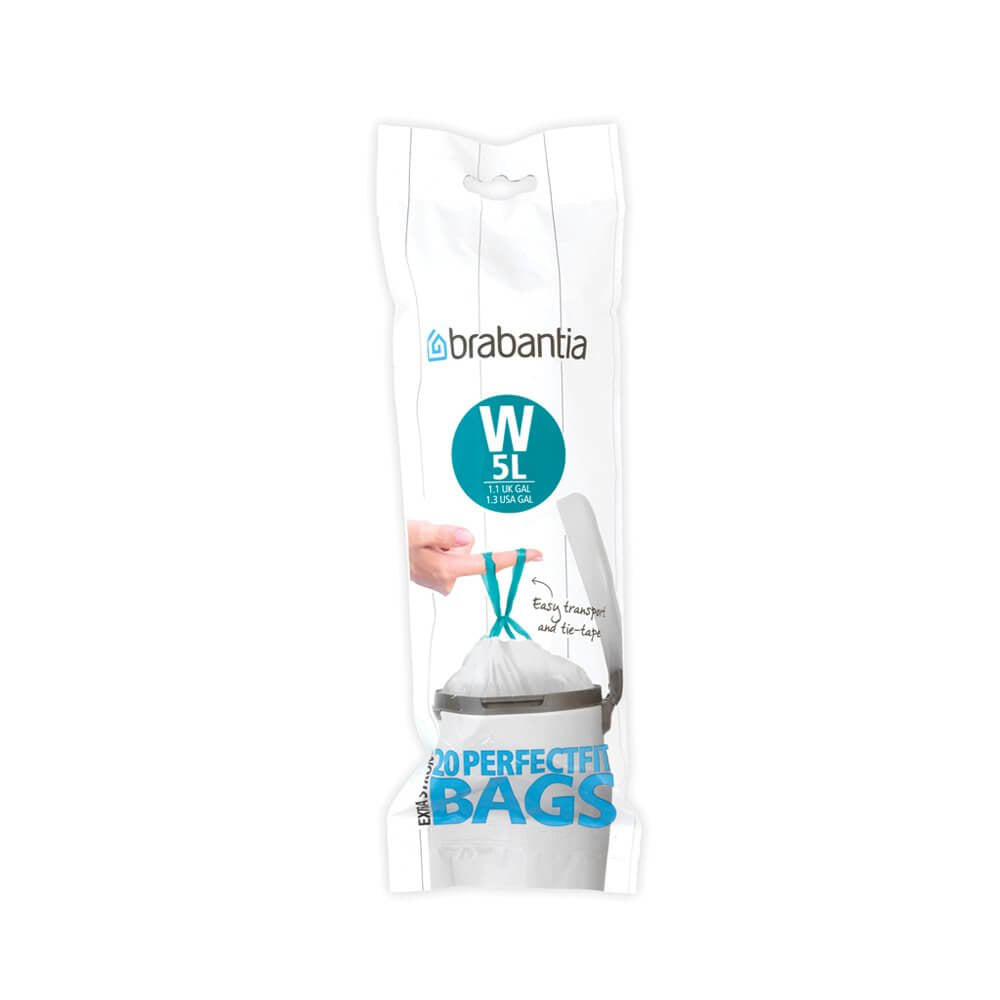 Brabantia Kehrichtsack PerfectFit für NewIcon 5 Liter – 5 l, mit Zugband, HDPE, weiss, 295 × 340 mm, 20 Stk