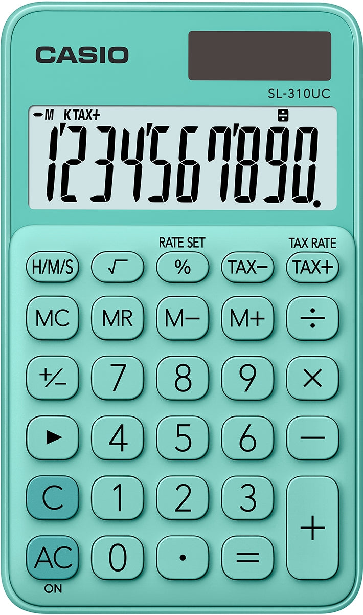 Casio Taschenrechner SL-310UC – 10-stellig, LCD, Prozent/Steuer, Solar + Batterie, grün, 70×118×8 mm