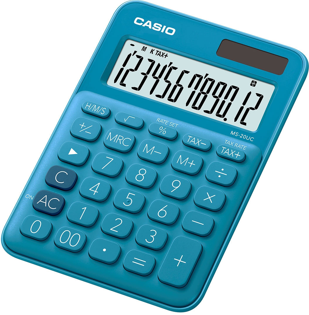 Casio Tischrechner MS-20UC – 12-stellig, LCD, Solar + Batterie, blau, 105×150×23 mm