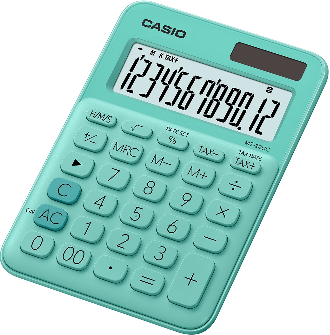 Casio Tischrechner MS-20UC – 12-stellig, LCD, Solar + Batterie, grün, 105×149,5×23 mm