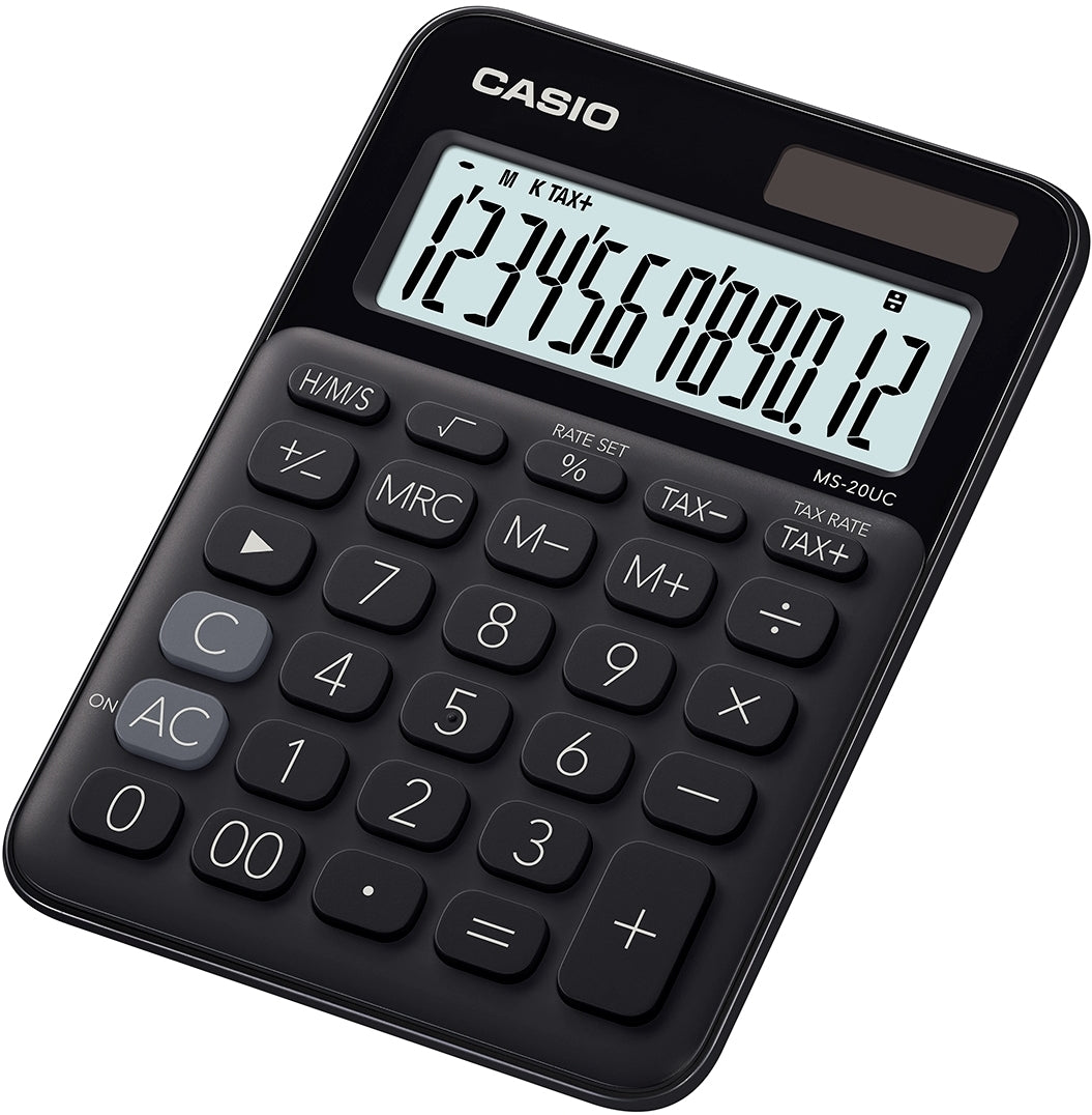 Casio Tischrechner MS-20UC-BK – 12-stellig – Solar/Batterie – Schwarz