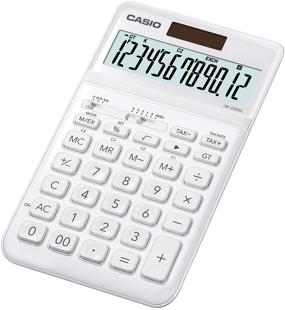 Casio Taschenrechner CS-JW-200SC-WE – 12-stellig, LCD, Steuer/Marge, Solar + Batterie, Weiss, 109×184×11 mm