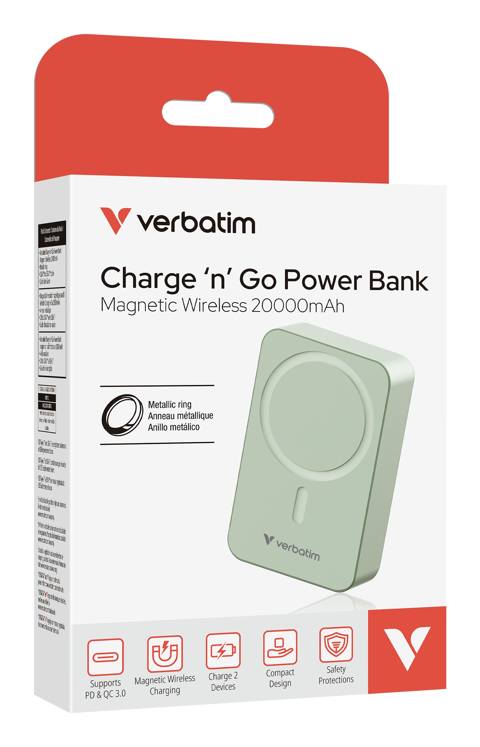 Verbatim Charge N Go Essentials MagSafe Powerbank 20'000 mAh – 35 W PD, Wireless 15 W, 1× USB-C, grün