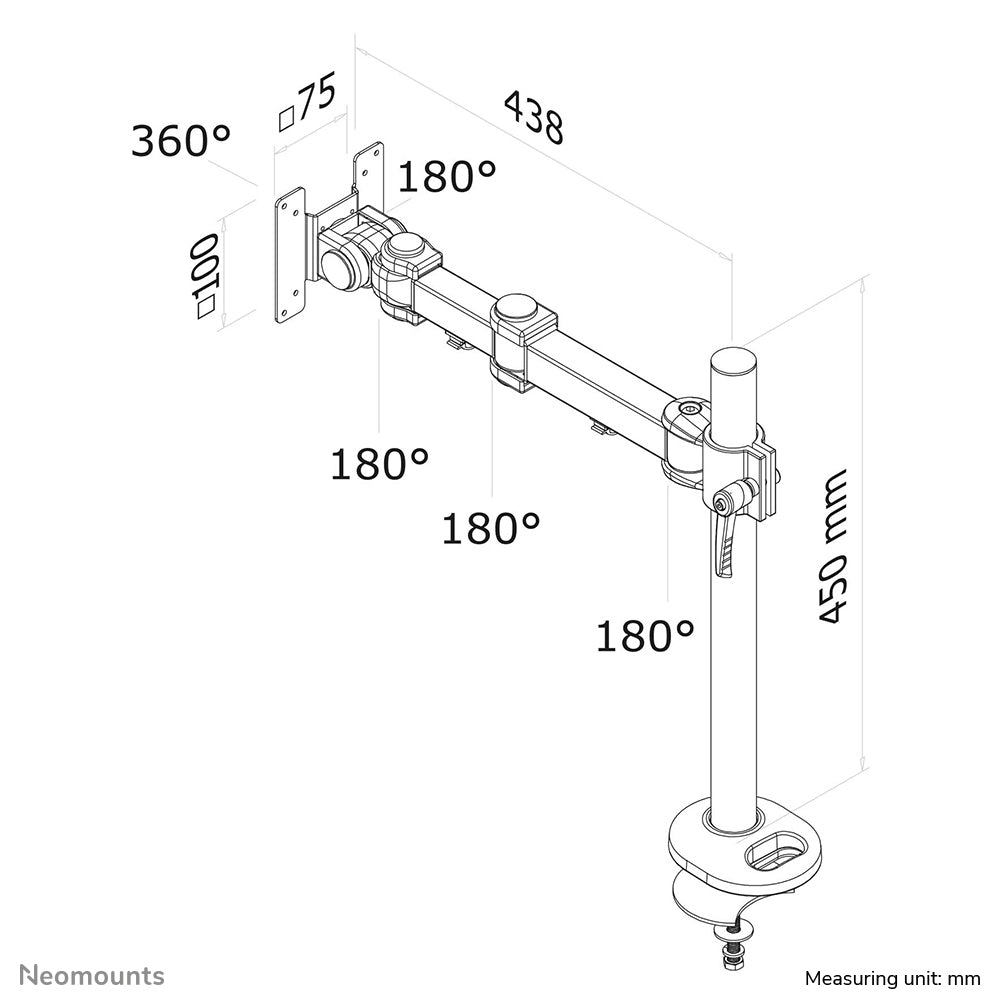 Neomounts FPMA FPMA-D960G – Monitorarm, Tischdurchführung, bis 30", VESA 75 × 75/100 × 100 mm, 12 kg, neigbar