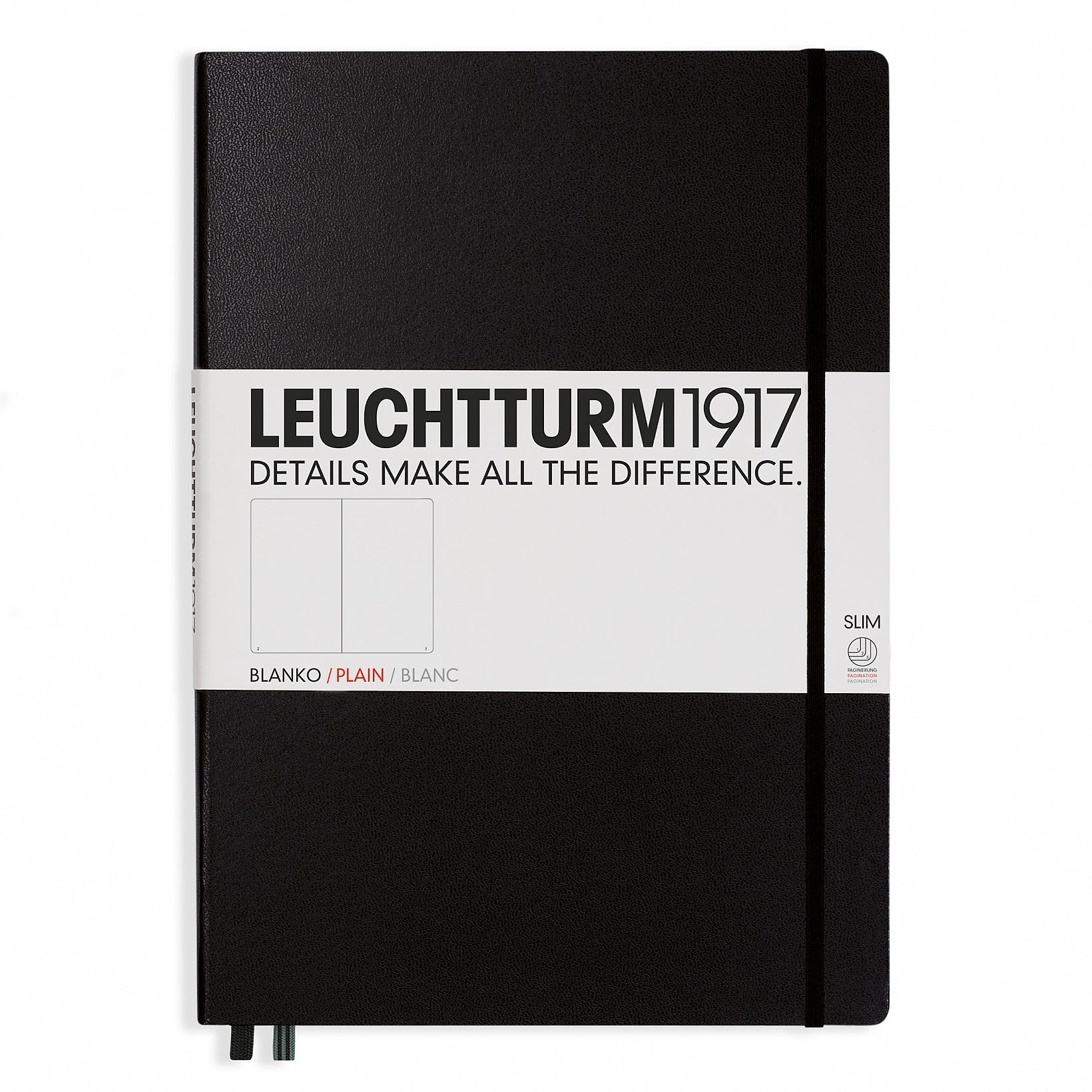 Leuchtturm Master Slim Notizbuch – A4+ – blanko – 121 Seiten – Hardcover, Einstecktasche, 1 Lesezeichen, schwarz