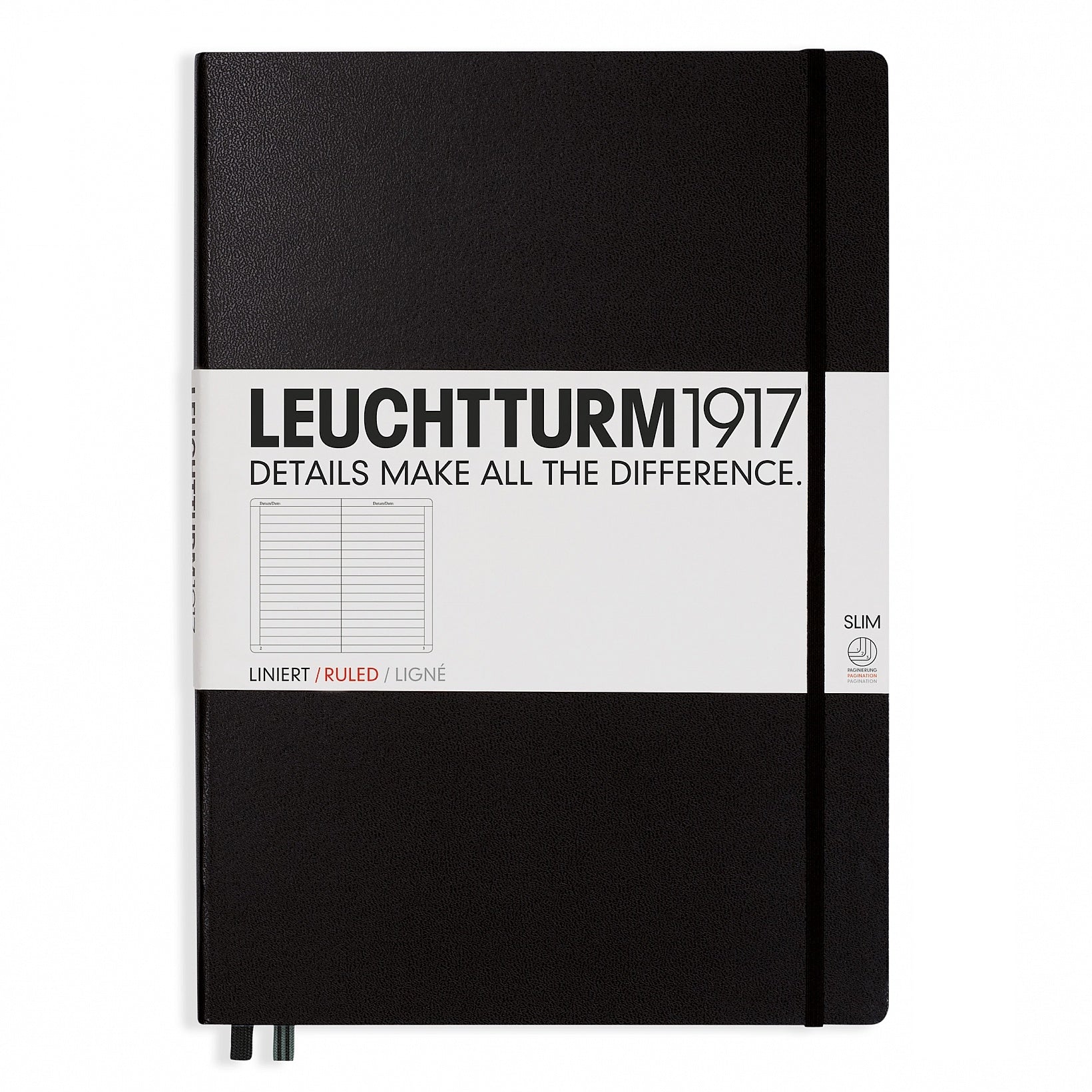 Leuchtturm Notizbuch – A4 – 121 Seiten – 100 g/m² – Hardcover, Einstecktasche, Lesezeichen, Schwarz