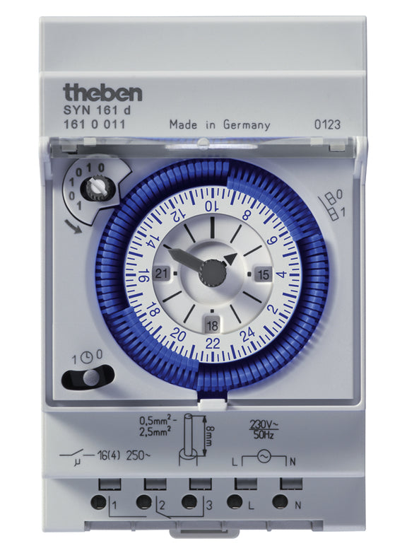 Theben Zeitschaltuhr (DIN-Schiene) – Tages-Timer, mechanisch, 24 h, IP20, 16 A, 1 Kanal – Grau – SYN 161 d
