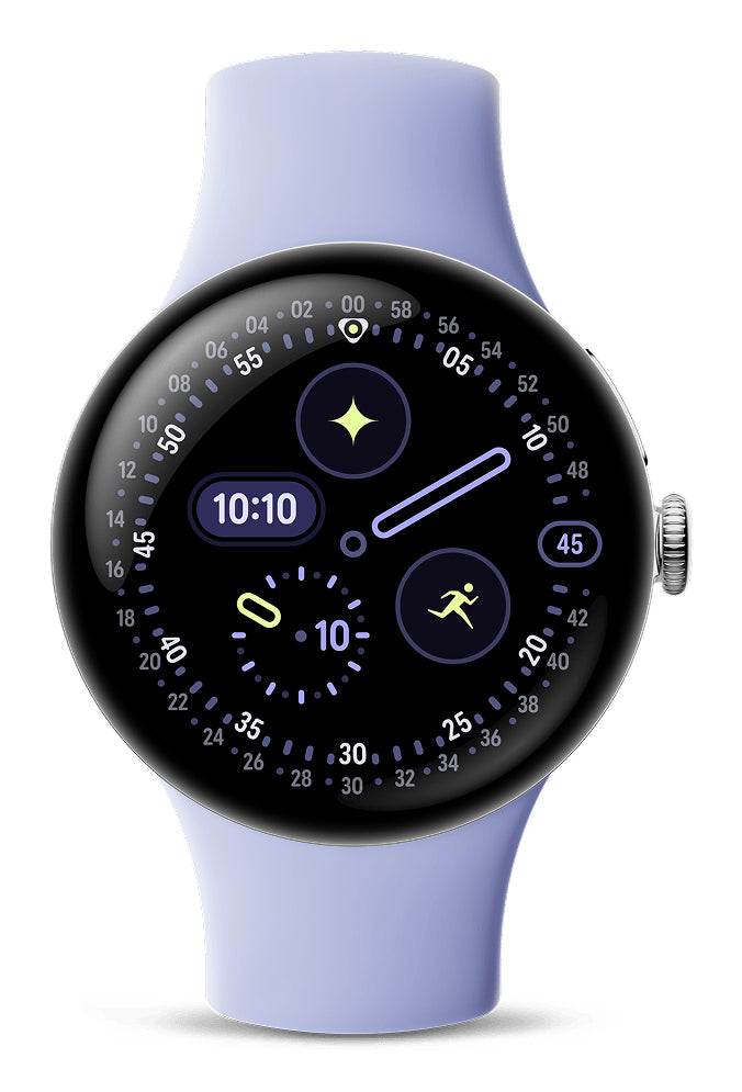 Google Pixel Watch 4 41 mm GPS + Cellular – Aluminium Silber, Sportband, Violett, S/L, 50 m
