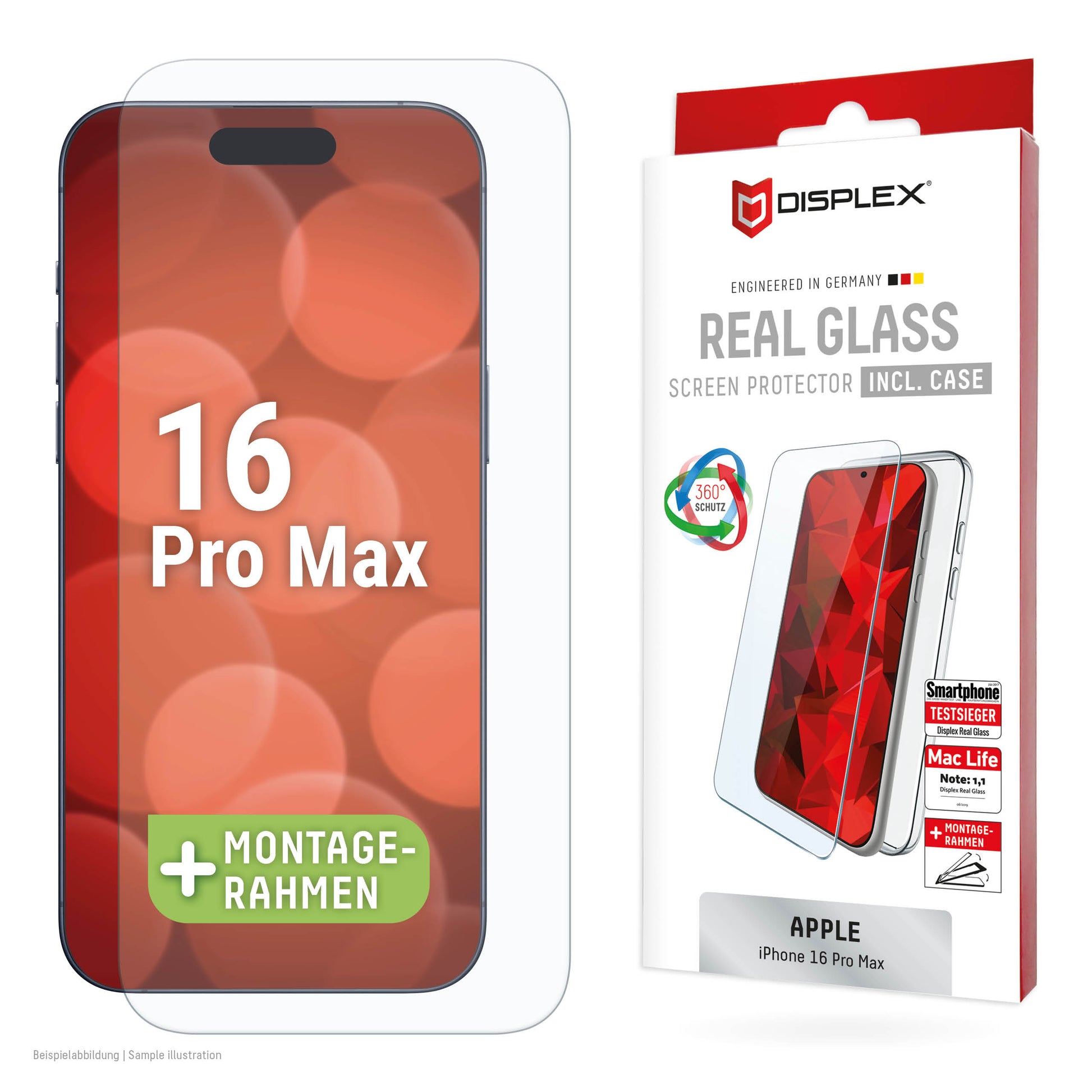 Displex Displayschutz (Panzerglas), 10H – für iPhone 16 Pro Max – mit Applikator