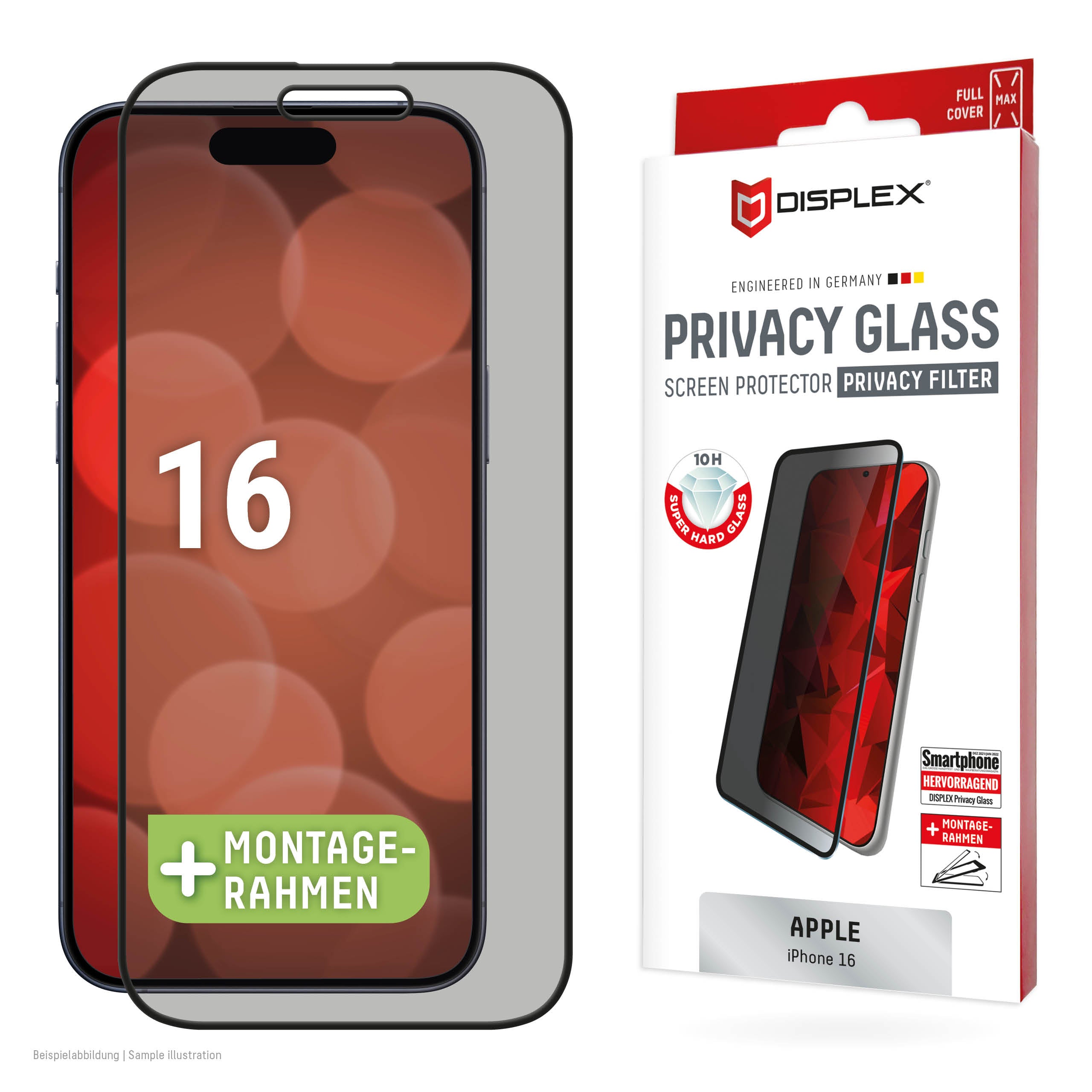 Displex Privacy-Filter (Panzerglas), 10H – für iPhone 16 – mit Applikator