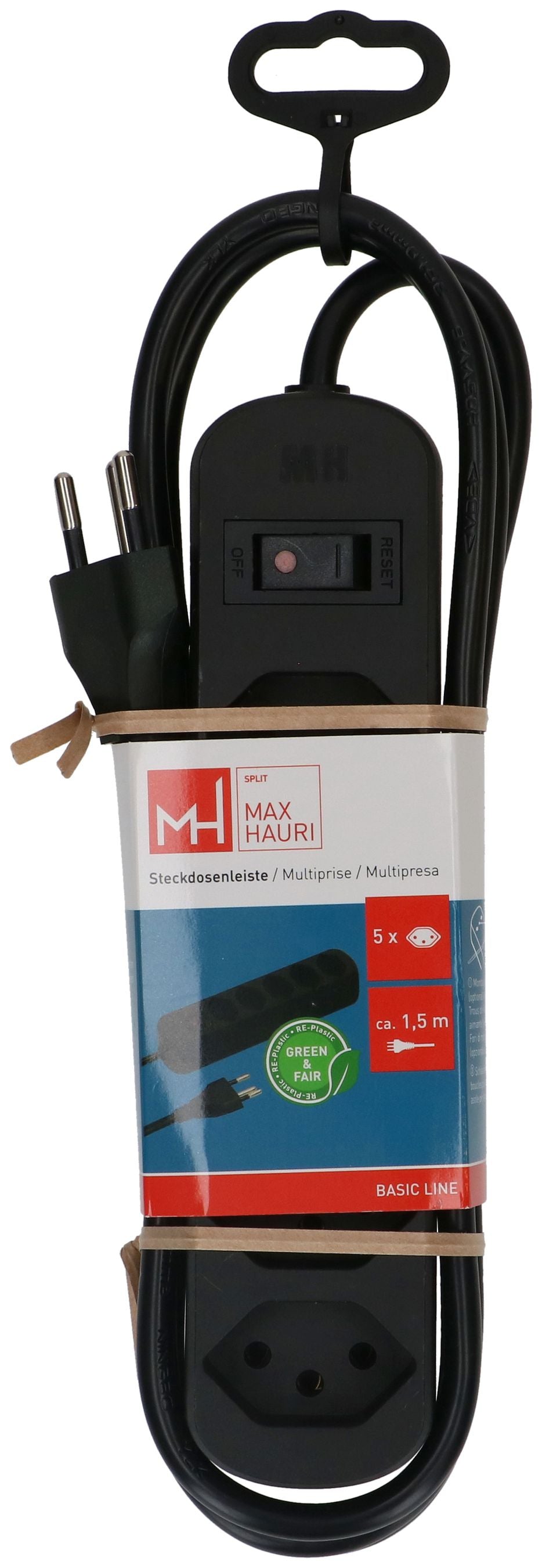Max Hauri AG Max Hauri Basic Line Steckdosenleiste – 5× T13, 1,5 m, mit Schalter, Schwarz