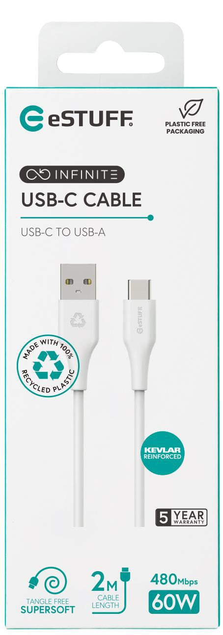 eSTUFF USB-C auf USB-A Kabel – USB 2.0 (480 Mbit/s) – 2 m – PD 60 W – PVC – Weiss
