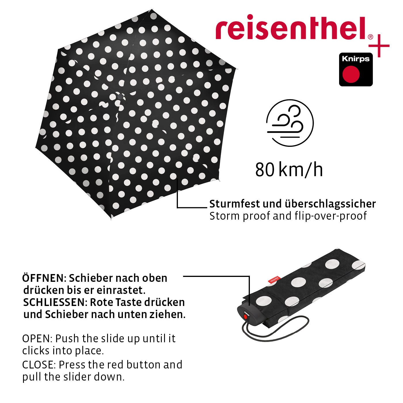 Reisenthel Taschenschirm – Ø 99 cm, L 24 cm – Dots Weiss – Stahl – Recyceltes Material