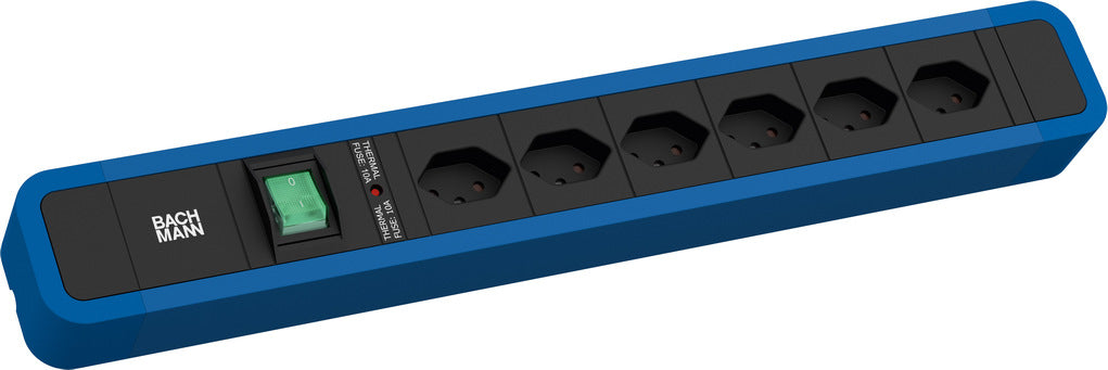Bachmann PRIMO 2 Steckdosenleiste, 6×T13, mit Schalter, 2 m, Eingang T12 – Blau