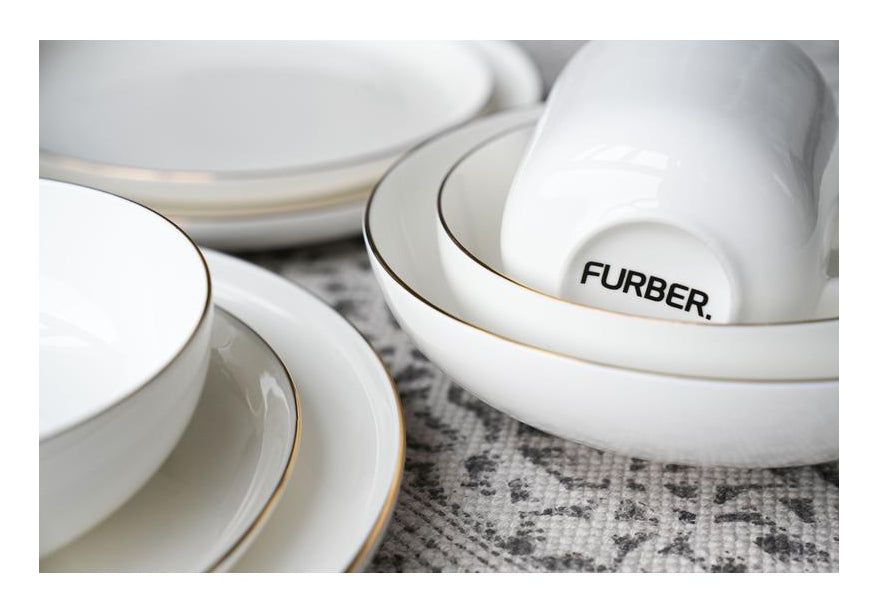 Furber. Furber Geschirrset – 20-teiliges Set, Ø 26,5 cm, Knochenporzellan, Weiss/Gold, spülmaschinenfest