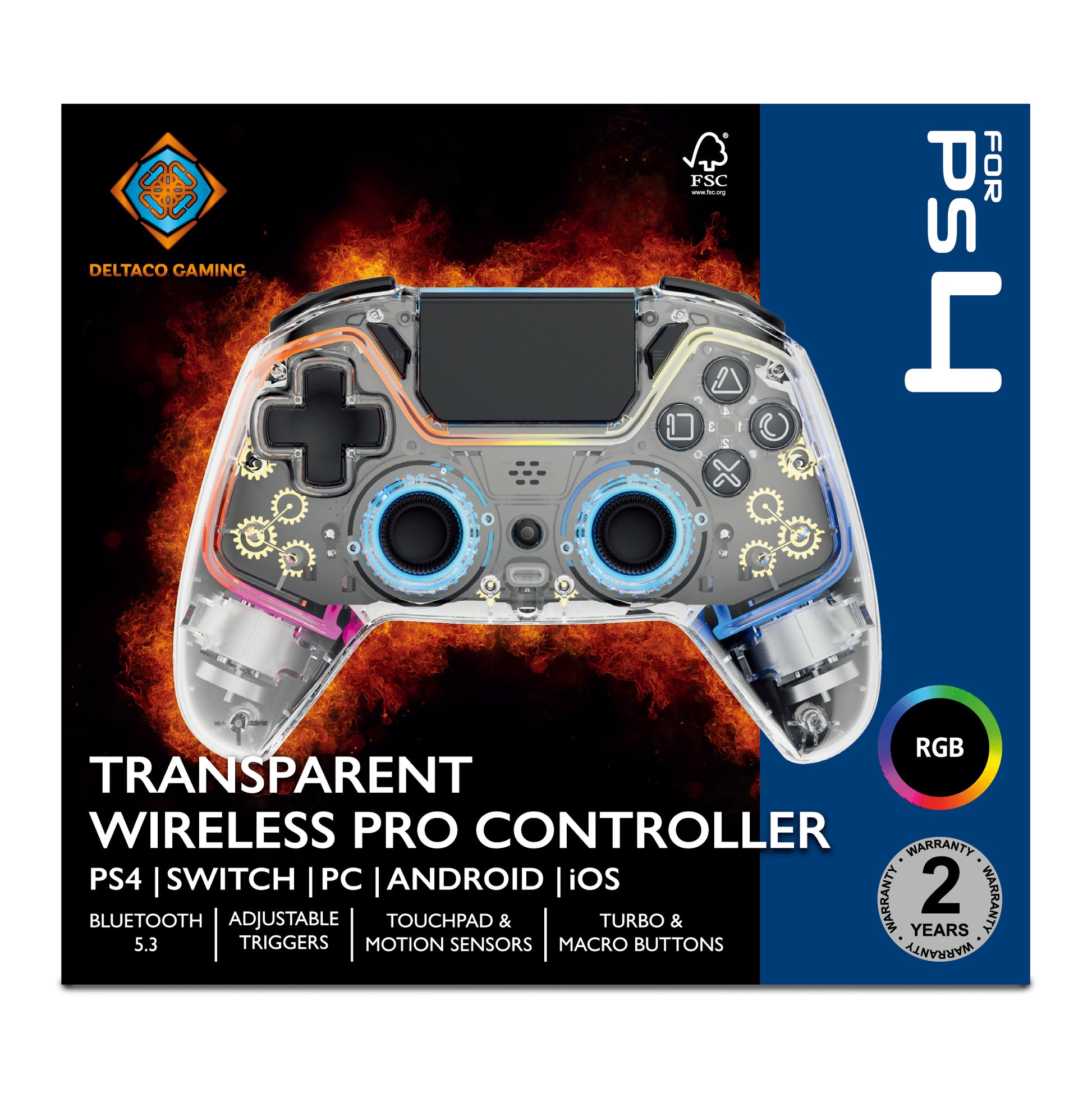 Deltaco Gaming Controller GAM-169-T – für Nintendo Switch, PC, PlayStation 4, Bluetooth, USB-C, transparent