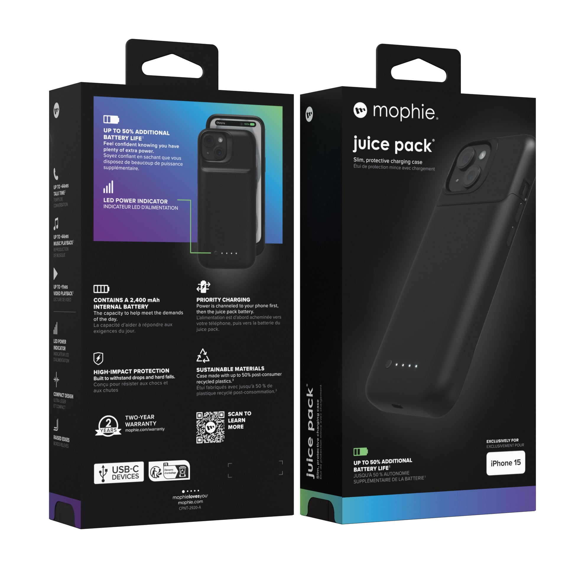 mophie Power-Case (mit Akku) – für Apple iPhone 15, Schwarz, 2400 mAh, schlagfest, kratzresistent