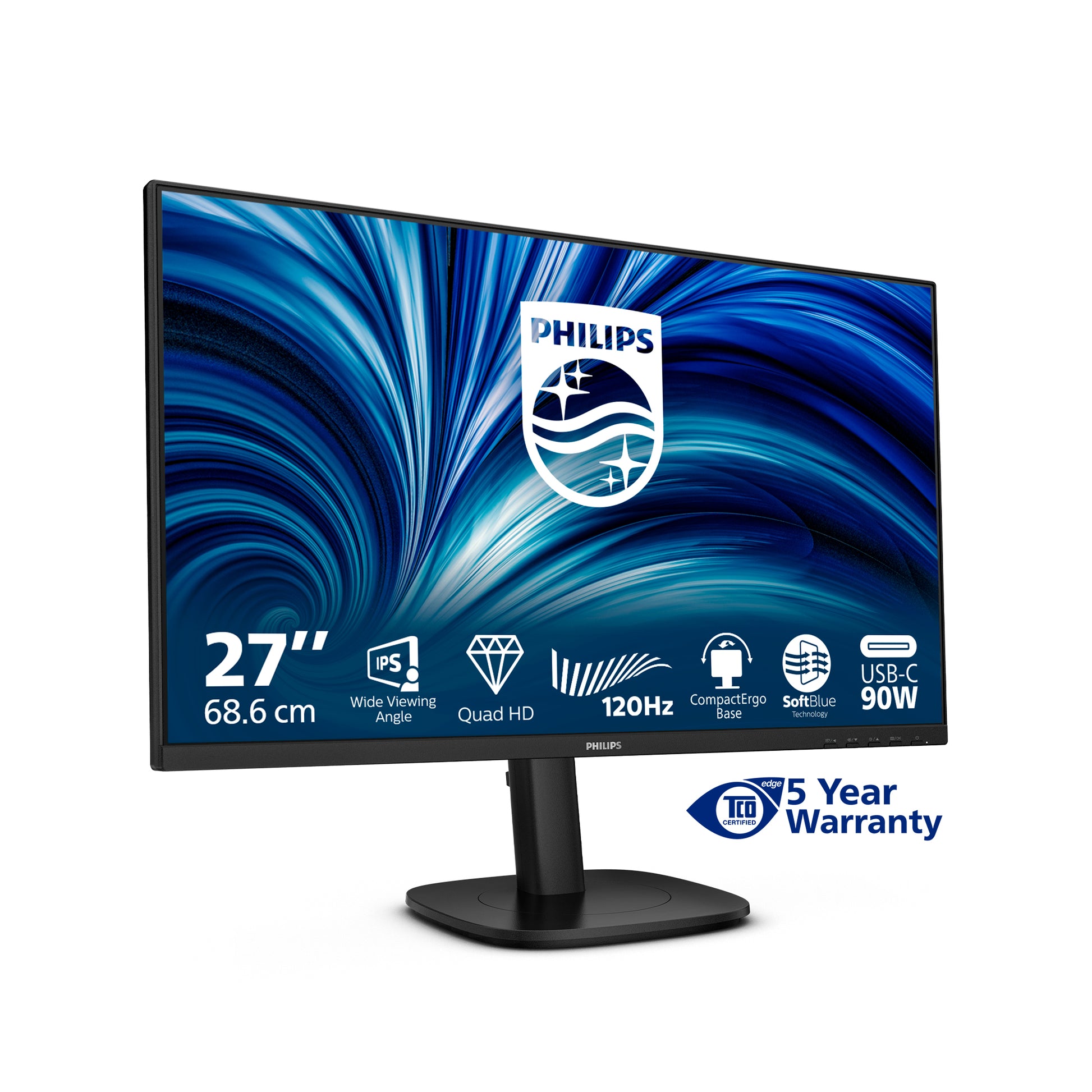 Philips 27B2U3601/00 – Monitor, 27", IPS, 120 Hz, 350 cd/m², USB-C, Integrierte Lautsprecher, Schwarz