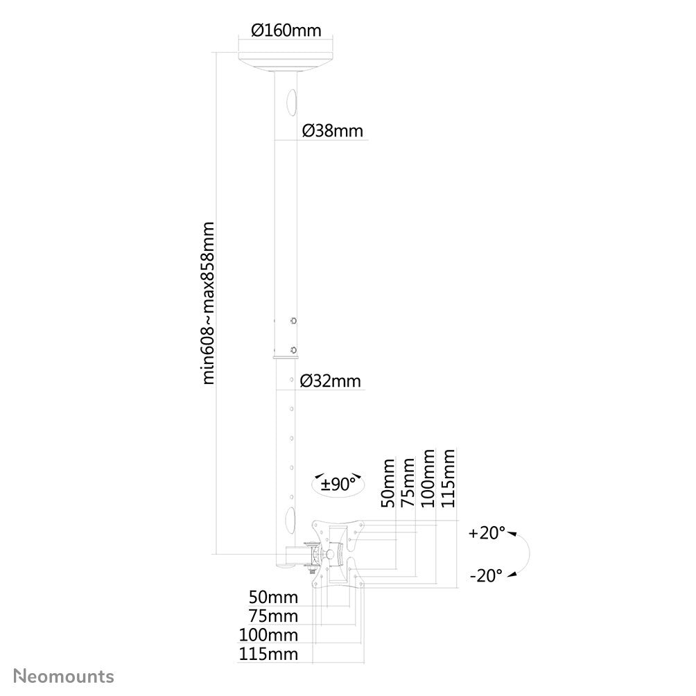 Neomounts Deckenhalterung – 10–30" – VESA 50×50–100×100 – bis 20 kg, Teleskopmast – FPMA-C050BLACK