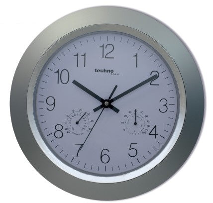 Technoline Wanduhr – Funk, analog, Thermometer/Hygrometer, Ø 33,5 cm, Silber