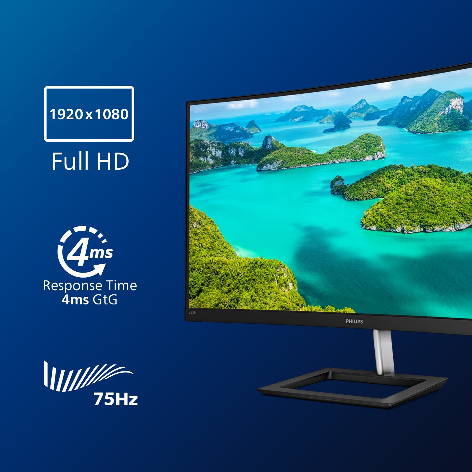 Philips 322E1C – Monitor, 31,5", VA, 75 Hz, 250 cd/m², Gebogen, Adaptive Sync, VESA 100 × 100, Schwarz