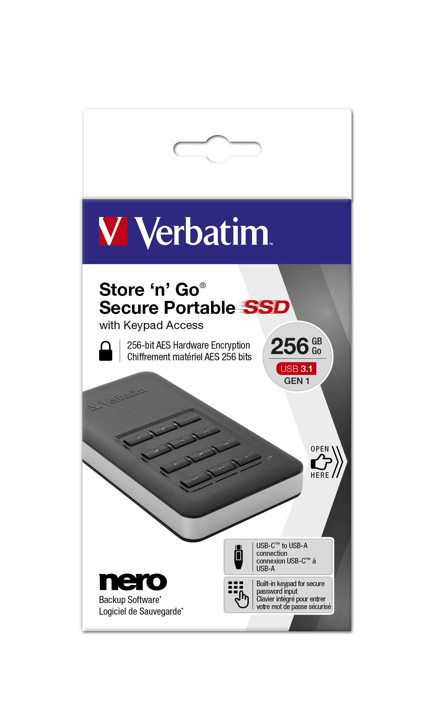 Verbatim Speichergerät – 256 GB, USB 3.0, Kennwortschutz (bis 12 Stellen)