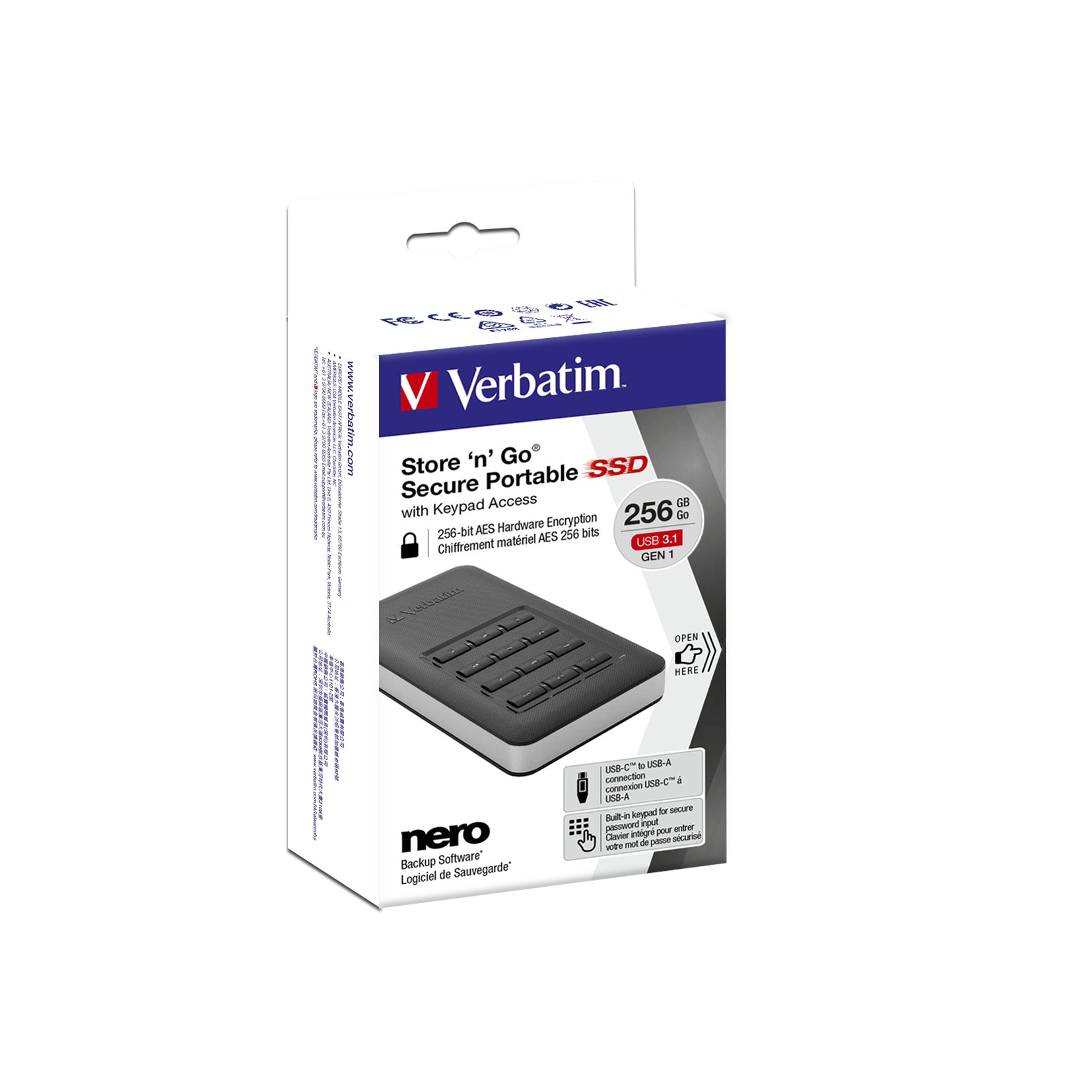 Verbatim Speichergerät – 256 GB, USB 3.0, Kennwortschutz (bis 12 Stellen)
